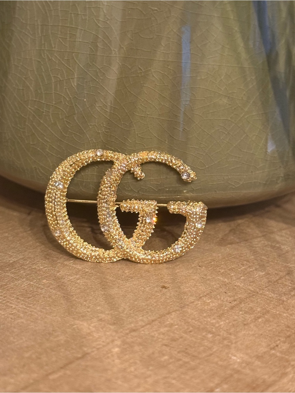 Gold Tone Double G Crystal Brooch
